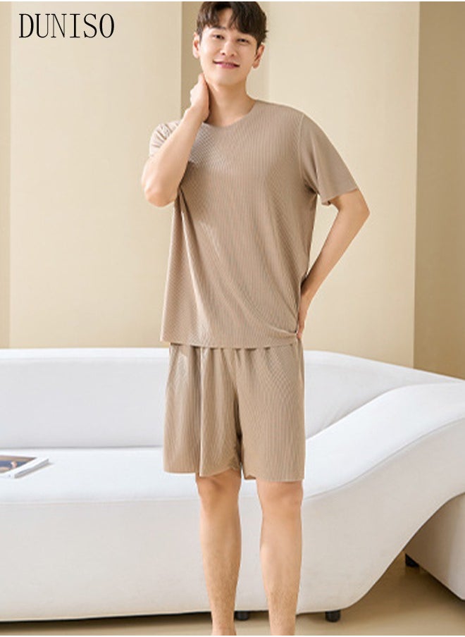 DUNISO - Men's 2pcs Pajama Set Short Sleeve Nightgown Sleepwear Breathable Loungewear Comfortable Round Neck Nightwear Summer Home Wear - Image 1