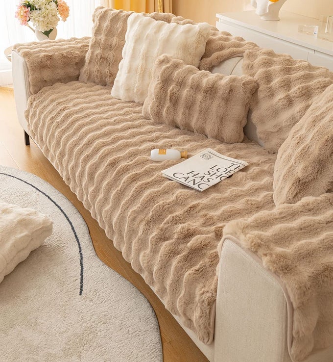 SOFT WARM FAUX FUR COUCH SOFA COVER THICK SHAGGY FUZZY SECTIONAL COUCH COVER NONSLIP SOLID COLOR PLUSH SOFA SLIPCOVER FURNITURE PROTECTOR FOR KIDS PETS COFFEE28X35