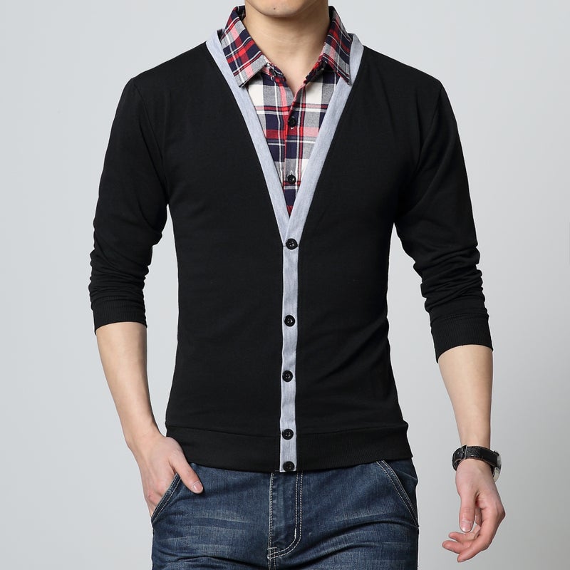 24 Years Men's Shirt Collar Fake Two-piece Long-sleeved T-shirt Men's Spring and Autumn Knitted Slim-fit T-shirt Men's Base Shirt plus size - Image 1