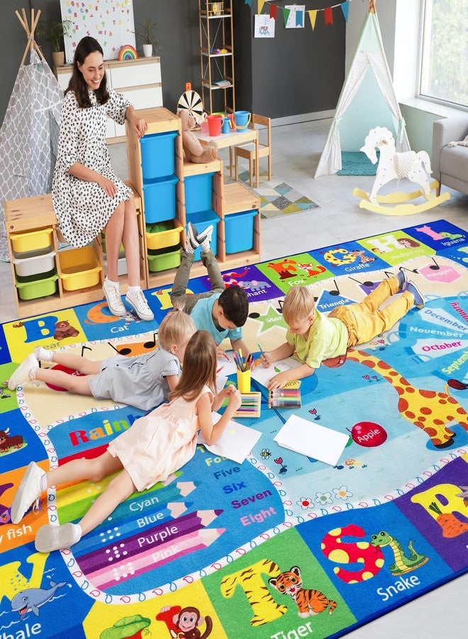 B BENRON Kids Rugs for Playroom Bedroom Classroom Nursery, Non-Slip and Washable Rugs for Children Toddlers Girls, Educational and Fun Rug Carpets with ABC Alphabet Animals Shapes, 7x10, Blue - Image 1