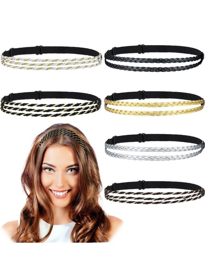 Jutom 6 Pieces Elastic Braided Headbands No Slip Adjustable Headbands Stretchy Headbands For Women Strand Headband Plaited Hair Band Hippie Hair Accessory For Girl (Double Triple Strand Mixed Material) - Image 2