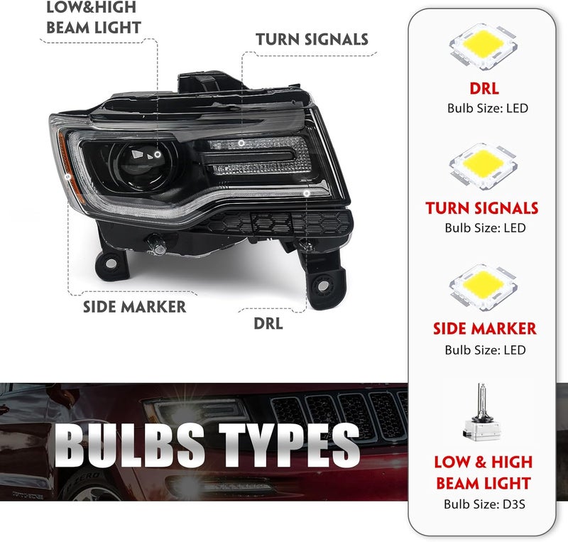 Huray HID Headlight Assembly for Jeep Grand Cherokee 2014-2021 - Right Passenger Side, Black Housing, Xenon Type - Image 5