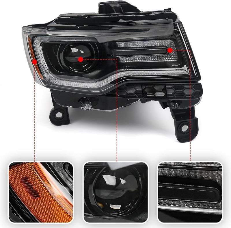 Huray HID Headlight Assembly for Jeep Grand Cherokee 2014-2021 - Right Passenger Side, Black Housing, Xenon Type - Image 3
