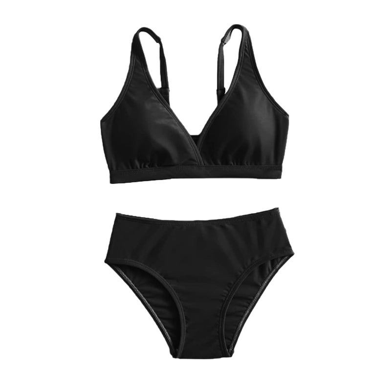 MIENOE Girls' Swimsuits Two-Piece Bikini V-Neck Swimsuit Solid Color Adjustable Straps Black Bikini Size 12-13 Years - Image 1
