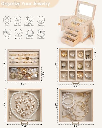AKOZLIN 4-Tier Jewelry Box Leather Jewelry Storage Organizer with 3 Drawers Lockable for Women Girls Ring Necklace Earring Bracelet Holder with Mirror Champagne - Image 3