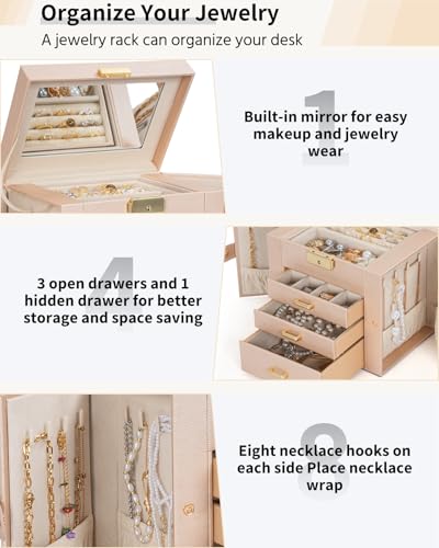 AKOZLIN 4-Tier Jewelry Box Leather Jewelry Storage Organizer with 3 Drawers Lockable for Women Girls Ring Necklace Earring Bracelet Holder with Mirror Champagne - Image 5