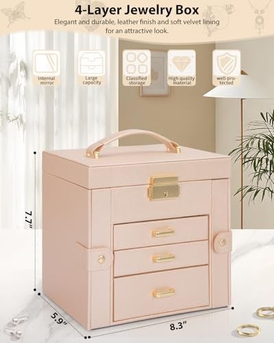 AKOZLIN 4-Tier Jewelry Box Leather Jewelry Storage Organizer with 3 Drawers Lockable for Women Girls Ring Necklace Earring Bracelet Holder with Mirror Champagne - Image 2