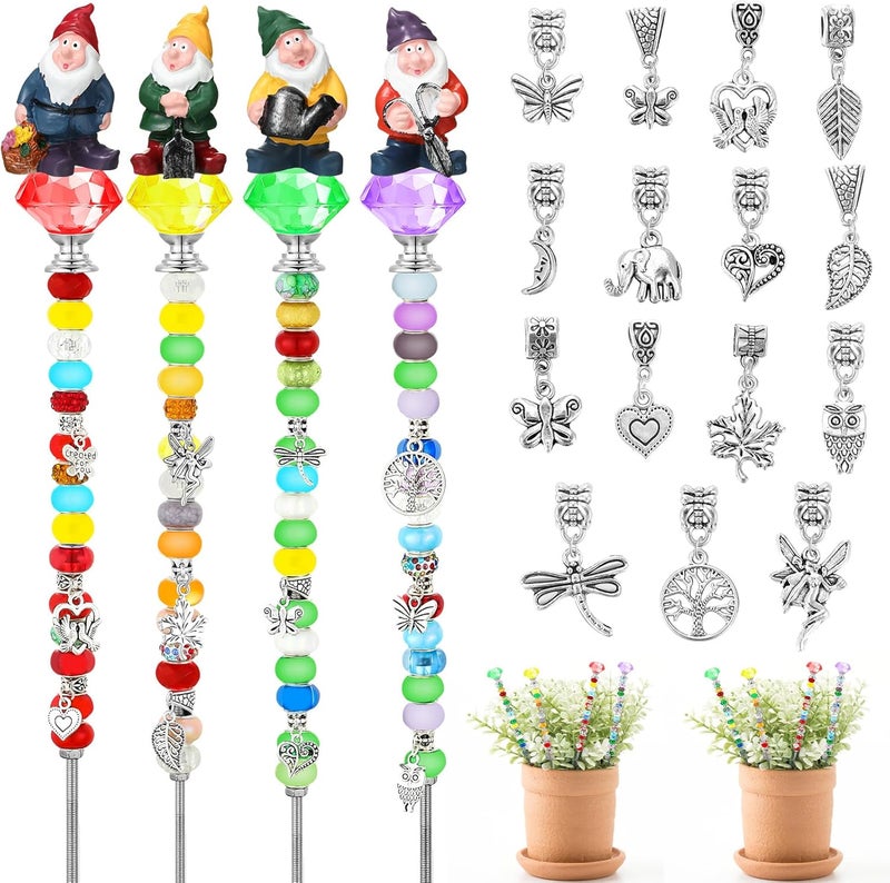 Lineshading 95 Pcs Gnome Assorted Garden Stakes Set Includes 4 Pcs Crystal Stopper Top 4 Pcs Gnome 64 Beads 15 Pcs Silver Pendants 4 Pcs Threaded Rods 4 Pcs Nuts, Fairy Sticks for Craft Supplies - Image 1
