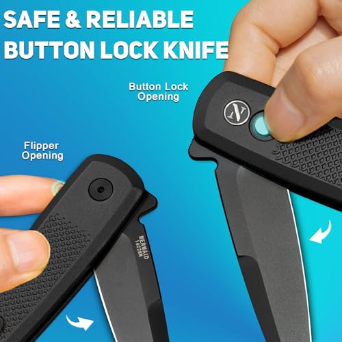 NedFoss MERMAID II Pocket Knife, 3.18" 14C28N Steel Small EDC Button Lock Knife with Aluminum Handle and Deep Pocket Clip, Perfect Folding Knife for Men Women (Black) - Image 5