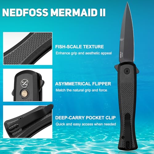 NedFoss MERMAID II Pocket Knife, 3.18" 14C28N Steel Small EDC Button Lock Knife with Aluminum Handle and Deep Pocket Clip, Perfect Folding Knife for Men Women (Black) - Image 2