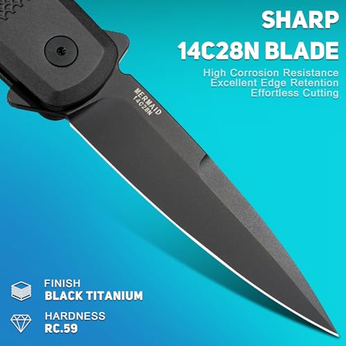 NedFoss MERMAID II Pocket Knife, 3.18" 14C28N Steel Small EDC Button Lock Knife with Aluminum Handle and Deep Pocket Clip, Perfect Folding Knife for Men Women (Black) - Image 3