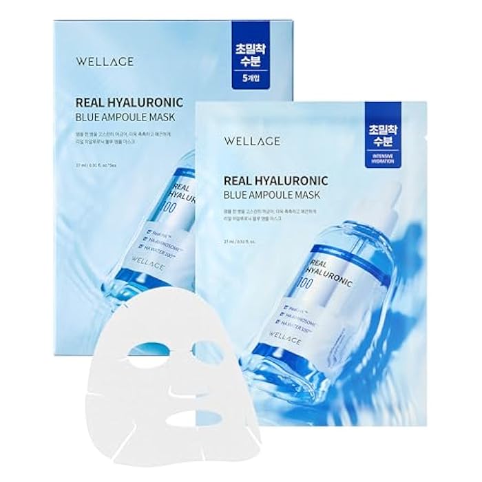 WELLAGE Real Hyaluronic Blue Ampoule Face Mask - Korean Hydratig Mask Moisture Boost with 10,000ppm Ultra-Low Molecular Hyaluronic Acid - Soft Vegan Cashmere Sheet for Sensitive Skin, 5 Sheets - Image 1