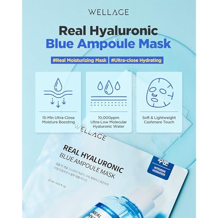 WELLAGE Real Hyaluronic Blue Ampoule Face Mask - Korean Hydratig Mask Moisture Boost with 10,000ppm Ultra-Low Molecular Hyaluronic Acid - Soft Vegan Cashmere Sheet for Sensitive Skin, 5 Sheets - Image 2