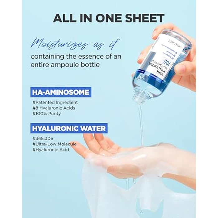 WELLAGE Real Hyaluronic Blue Ampoule Face Mask - Korean Hydratig Mask Moisture Boost with 10,000ppm Ultra-Low Molecular Hyaluronic Acid - Soft Vegan Cashmere Sheet for Sensitive Skin, 5 Sheets - Image 3