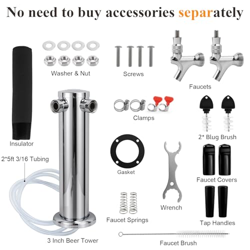 Hgkeke Dual Beer Tower Dispenser - Double Tap Kegerator Tower Draft Beer Tower Dispenser Pre-installed 5ft Beer Line Stainless Steel Core Faucet Double Keg Tap Beer Tower for 3" Kegerator Tower - Image 2