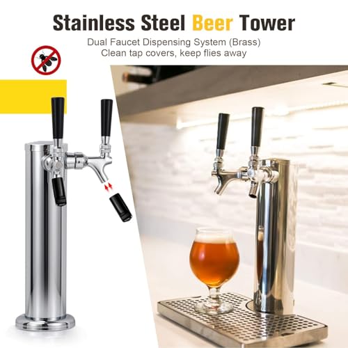 Hgkeke Dual Beer Tower Dispenser - Double Tap Kegerator Tower Draft Beer Tower Dispenser Pre-installed 5ft Beer Line Stainless Steel Core Faucet Double Keg Tap Beer Tower for 3" Kegerator Tower - Image 3