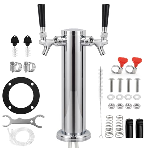 Hgkeke Dual Beer Tower Dispenser - Double Tap Kegerator Tower Draft Beer Tower Dispenser Pre-installed 5ft Beer Line Stainless Steel Core Faucet Double Keg Tap Beer Tower for 3" Kegerator Tower - Image 1