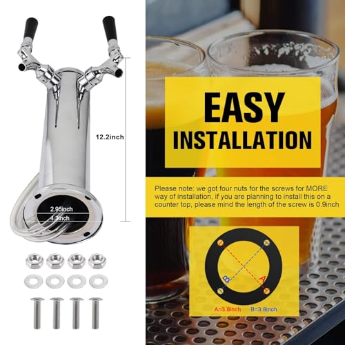 Hgkeke Dual Beer Tower Dispenser - Double Tap Kegerator Tower Draft Beer Tower Dispenser Pre-installed 5ft Beer Line Stainless Steel Core Faucet Double Keg Tap Beer Tower for 3" Kegerator Tower - Image 5