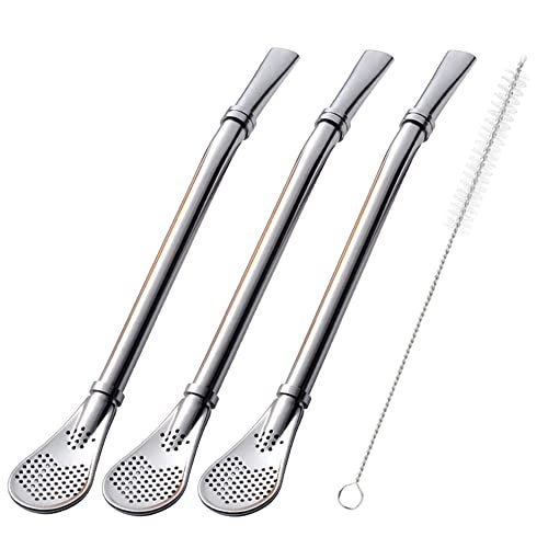 Beruth Bombilla Yerba Mate Straws, 3 Pack Reusable Colorful Tea Coffee Cocktail Stainless Steel Bent Smooth Flow Drinking Stir Filter Spoon Straws with Cleaning Brush by Beruth (silver) - Image 1