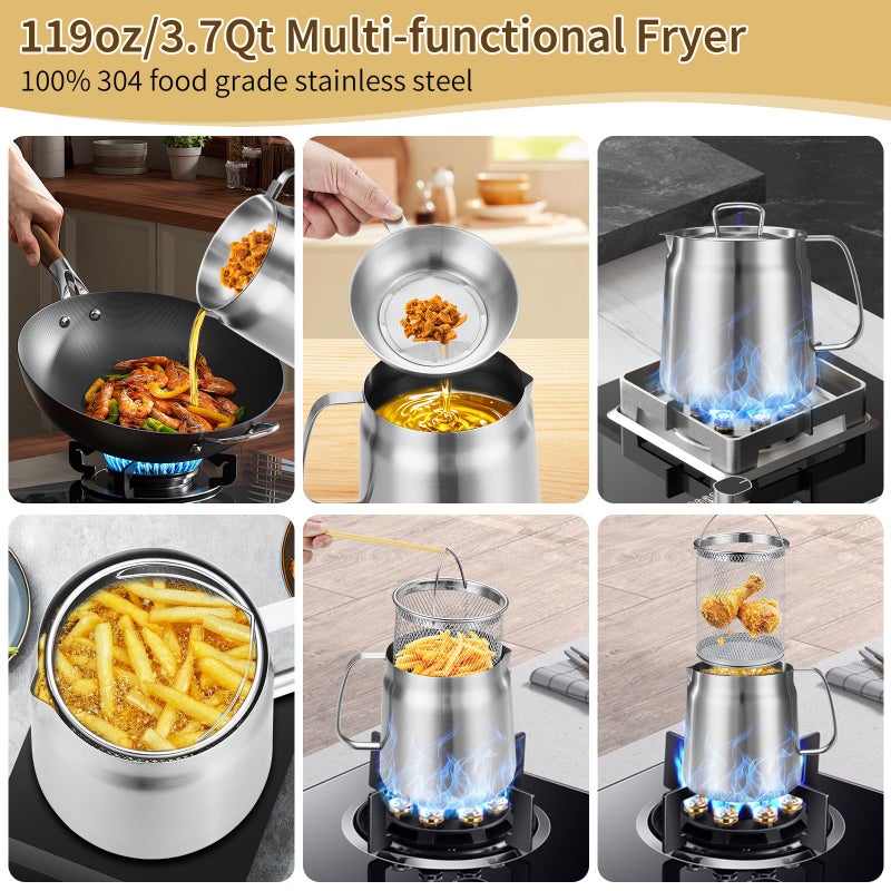 GADO 119oz 304 Stainless Steel Deep Fryer Pot with Basket & Strainer, Large Capacity Bacon Grease Container for Kitchen,Frying, Cooking, Camping,Oil Filter Container - Dishwasher Safe (119oz/3.5L/3.7Qt) - Image 2