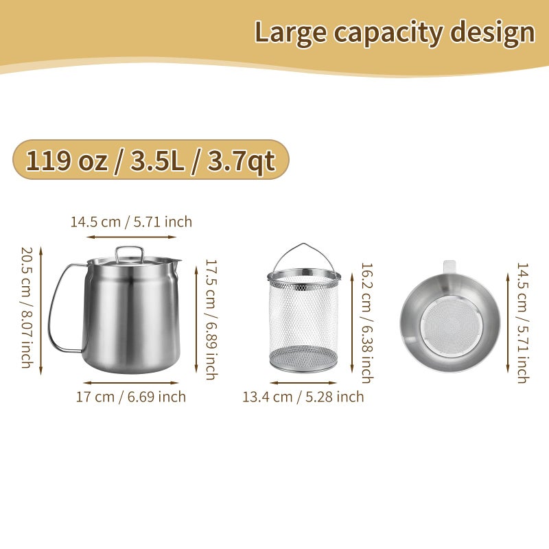 GADO 119oz 304 Stainless Steel Deep Fryer Pot with Basket & Strainer, Large Capacity Bacon Grease Container for Kitchen,Frying, Cooking, Camping,Oil Filter Container - Dishwasher Safe (119oz/3.5L/3.7Qt) - Image 4