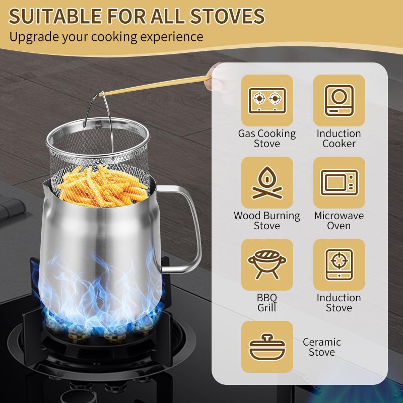 GADO 119oz 304 Stainless Steel Deep Fryer Pot with Basket & Strainer, Large Capacity Bacon Grease Container for Kitchen,Frying, Cooking, Camping,Oil Filter Container - Dishwasher Safe (119oz/3.5L/3.7Qt) - Image 5