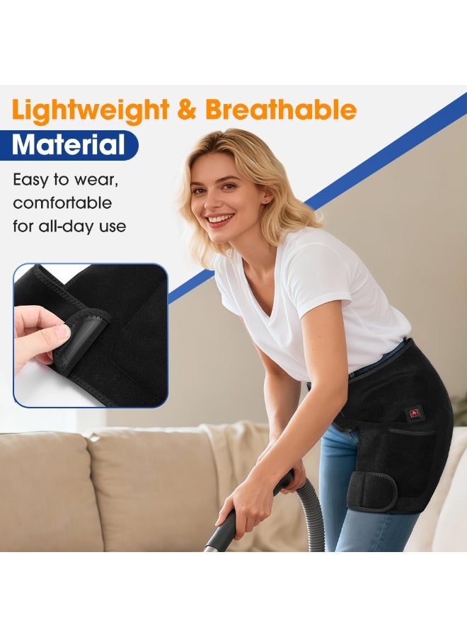 وسادة تدفئة الورك المطورة ذات الحزام القابل للتعديل، وحزام تدفئة وتدليك عرق النسا، ووسادة تدفئة الفخذ، ودعامة تدفئة الورك مع 3 أوضاع للتدفئة والتدليك، و105 خرزة LED (أسود). - Image 2