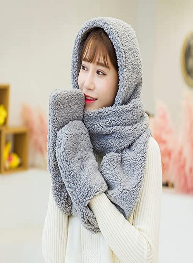 Bioterti Super Soft Fleece Women’s Hooded Scarf & Hat W/Glove Pockets (Gray) - Image 5