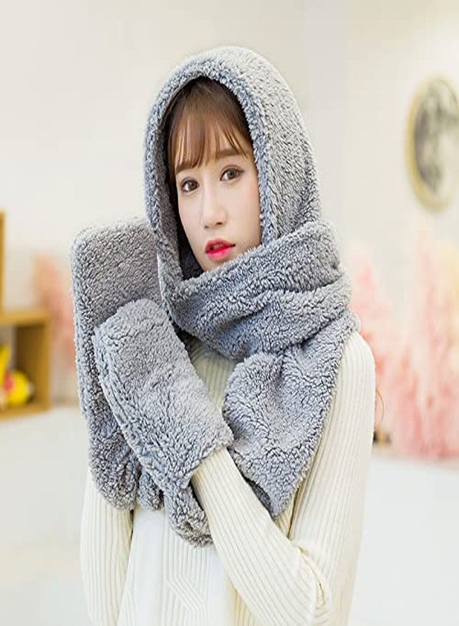 Bioterti Super Soft Fleece Women’s Hooded Scarf & Hat W/Glove Pockets (Gray) - Image 4