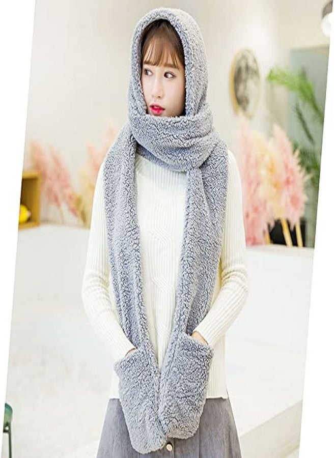 Bioterti Super Soft Fleece Women’s Hooded Scarf & Hat W/Glove Pockets (Gray) - Image 2