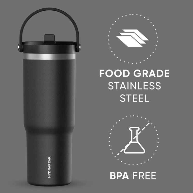 Hydrapeak Nomad 32 oz Tumbler with Handle and Straw Lid, Leakproof, Double Insulated, 32oz Cup, Stainless Steel | Black - Image 3