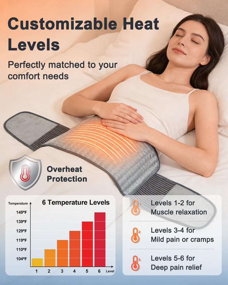 Sevenat Heating Pad for Back Pain Relief, 12" x 24" + 26" XL Electric Heating Pad for Period Cramps with Loop Fastener for Hands-Free 360 Fit, 4 Timers & 6 Temperatures, Auto Shut-Off, Machine Washable - Image 5