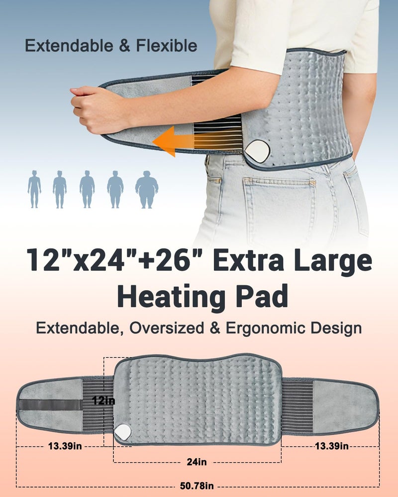 Sevenat Heating Pad for Back Pain Relief, 12" x 24" + 26" XL Electric Heating Pad for Period Cramps with Loop Fastener for Hands-Free 360 Fit, 4 Timers & 6 Temperatures, Auto Shut-Off, Machine Washable - Image 4