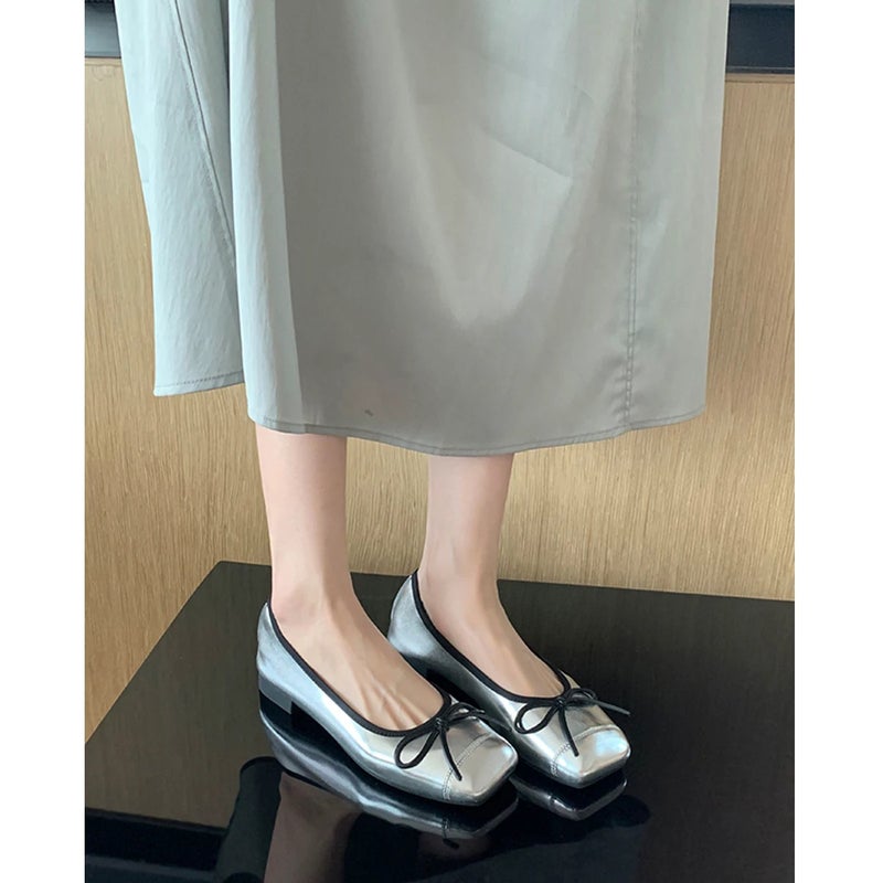 Genuine Leather Ballet Bow Silver Slip-On Flat Shoes for Women | Square Toe Soft Sole Mary Janes