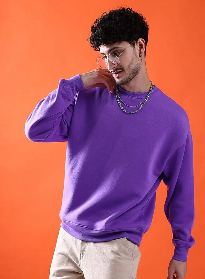 The Indian Garage Co Men Oversized Fit Solid Crew Neck Full Sleeves Sweatshirt