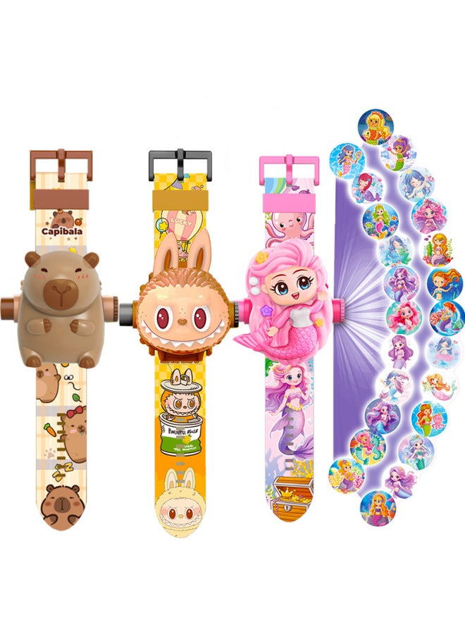 Hot Sale Children Flip Watch Girls Rainbow Horse Mermaid Projection Electronic Watch Boys Toy Gift-Color:8527 Masked Man - Image 2