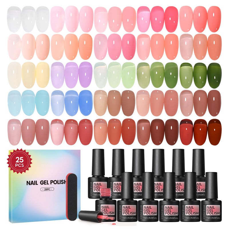 COSCELIA Jelly Gel Polish Set 25pc Brown Spring Colors Translucent Milky Jelly Gel Nail Polish for Women All Seasons Red Green Blue Pink Nail Manicure Kit Salon DIY Gifts for Women - Image 1