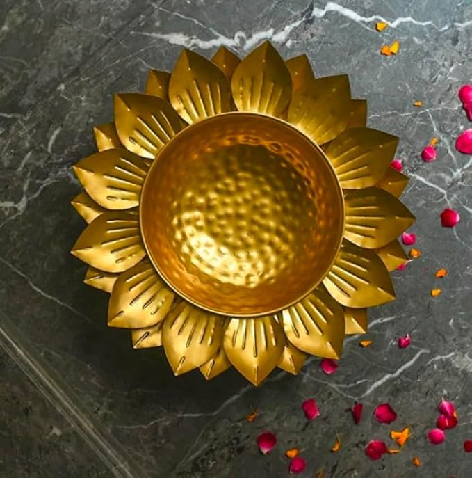 PIEPOT Gold Polish Leaf Design Set of 3 Flower Shape Flower Decorative Urli Bowl for Home Floating Flowers for HomeTable Decor Diwali Decoration 12 INCH - Image 4