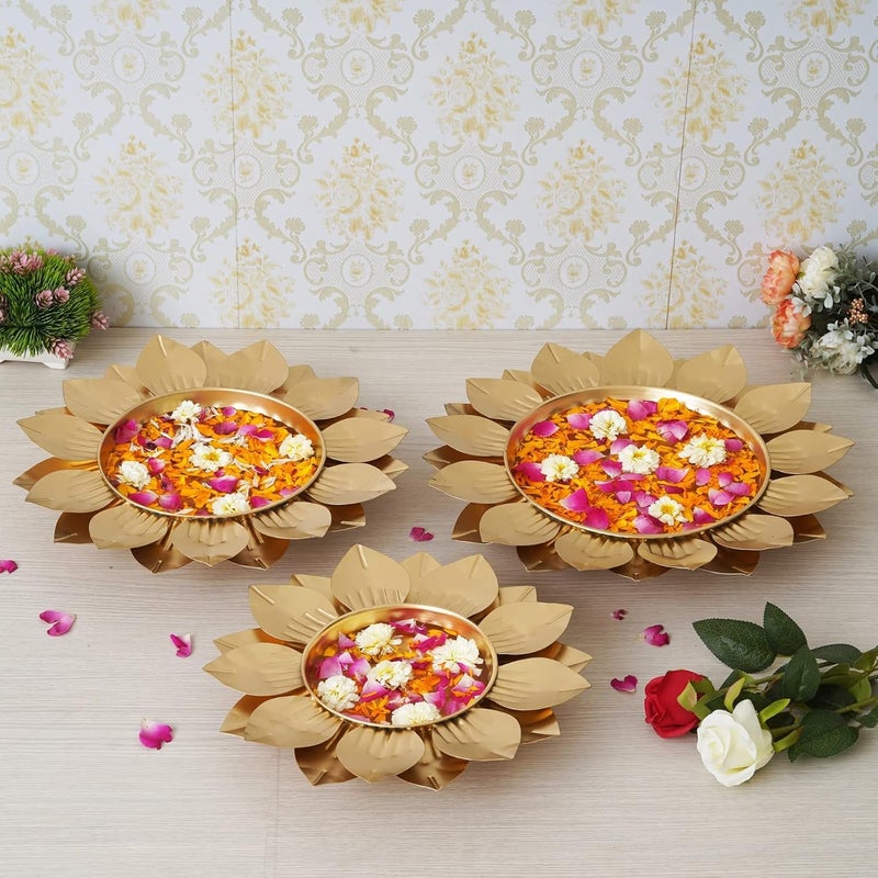 PIEPOT Gold Polish Leaf Design Set of 3 Flower Shape Flower Decorative Urli Bowl for Home Floating Flowers for HomeTable Decor Diwali Decoration 12 INCH - Image 2