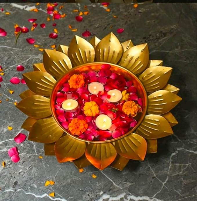 PIEPOT Gold Polish Leaf Design Set of 3 Flower Shape Flower Decorative Urli Bowl for Home Floating Flowers for HomeTable Decor Diwali Decoration 12 INCH - Image 3
