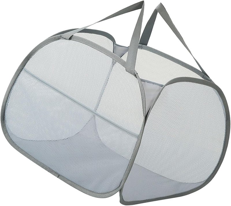 Yosoo 90L Foldable Mesh Up Hamper, Breathable Laundry Basket with Handle, Side Pocket for Clothes and Storage, Quick Drying (Grey) - Image 1