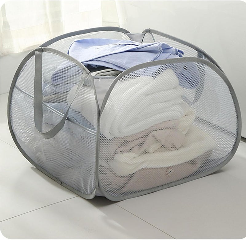 Yosoo 90L Foldable Mesh Up Hamper, Breathable Laundry Basket with Handle, Side Pocket for Clothes and Storage, Quick Drying (Grey) - Image 5