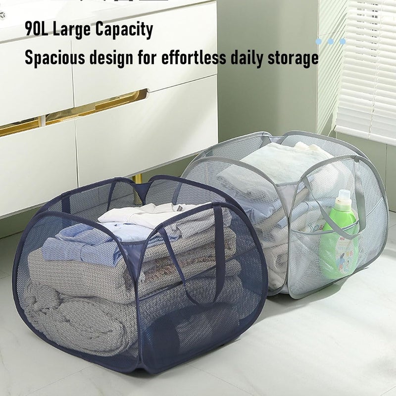 Yosoo 90L Foldable Mesh Up Hamper, Breathable Laundry Basket with Handle, Side Pocket for Clothes and Storage, Quick Drying (Grey) - Image 4
