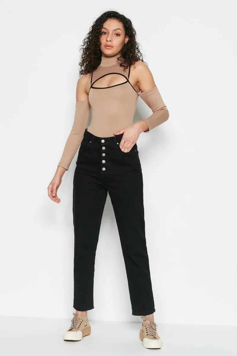 C&city Window Detailed Long Sleeve Bodysuit 9154 Brown