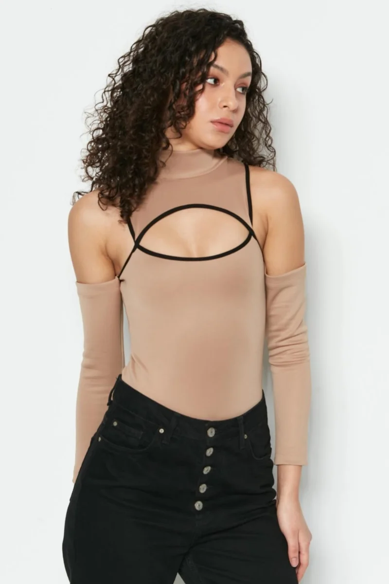 C&city Window Detailed Long Sleeve Bodysuit 9154 Brown