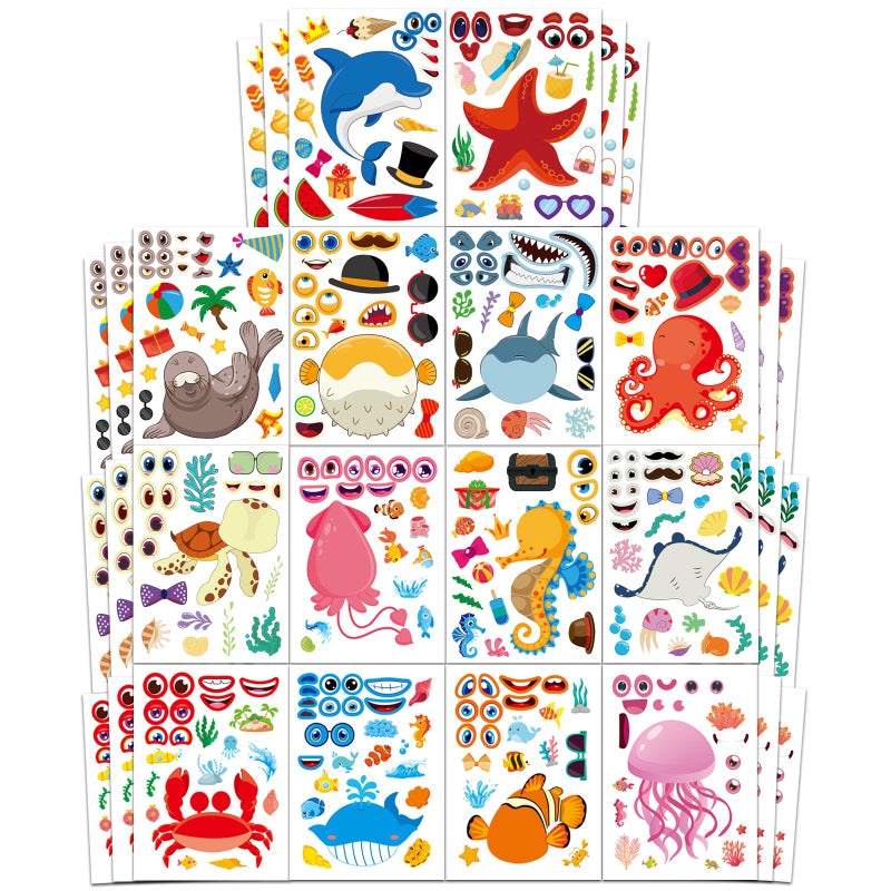 Aowplc 42 Pcs Ocean Animals Make-a-Face Sticker Sheets for Kids - 14 Sea Creature Designs for Party Favors, Classroom Activities, Arts & Crafts - Image 1