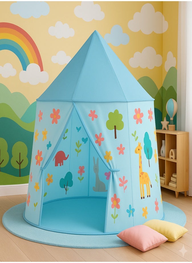 ليفي خيمة لعب للأطفال، بيت لعب على شكل قلعة كرتونية للأطفال، بيت لعب قابل للطي للاستخدام الداخلي والخارجي مع طبعات زهور وحيوانات لطيفة، خفيف الوزن وسهل التجميع، 125 × 90 × 125 سم - Image 2