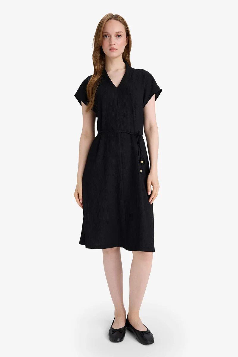 ديفاكتو Regular Fit V Neck Sleeveless Black Midi Dress