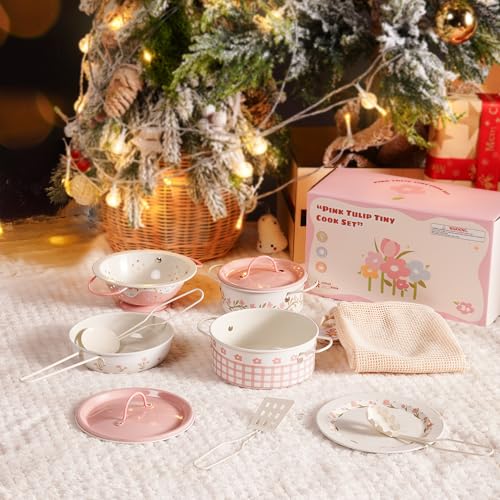 ROBUD Play Pots and Pans Sets for Kids Kitchen Play Kitchen Accessories Pretend Cooking Cartoon Pink Metal Pots and Pans Metal Kids Kitchen Playset Mini Toy Kitchen Accessories9 Pieces - Image 5