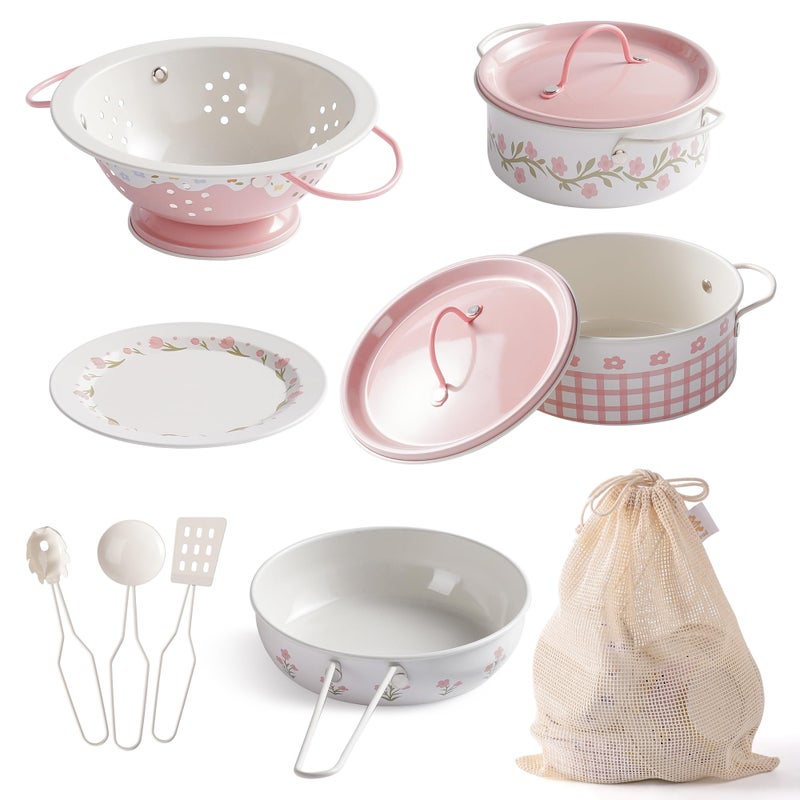 ROBUD Play Pots and Pans Sets for Kids Kitchen Play Kitchen Accessories Pretend Cooking Cartoon Pink Metal Pots and Pans Metal Kids Kitchen Playset Mini Toy Kitchen Accessories9 Pieces - Image 3